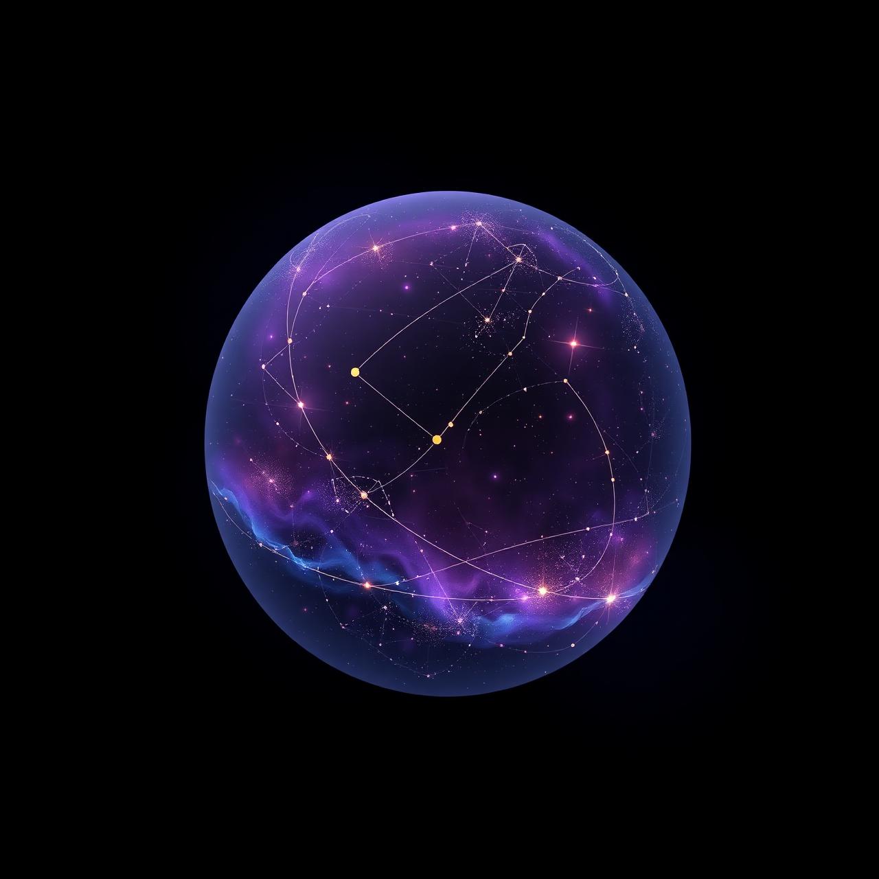 Esfera cósmica luminosa com constelações representando ciclos e arquétipos